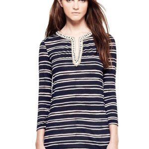 Tory Burch Tunic Top Womens Size XS Navy Evan 100% Silk 3/4 Sleeve Embellishment